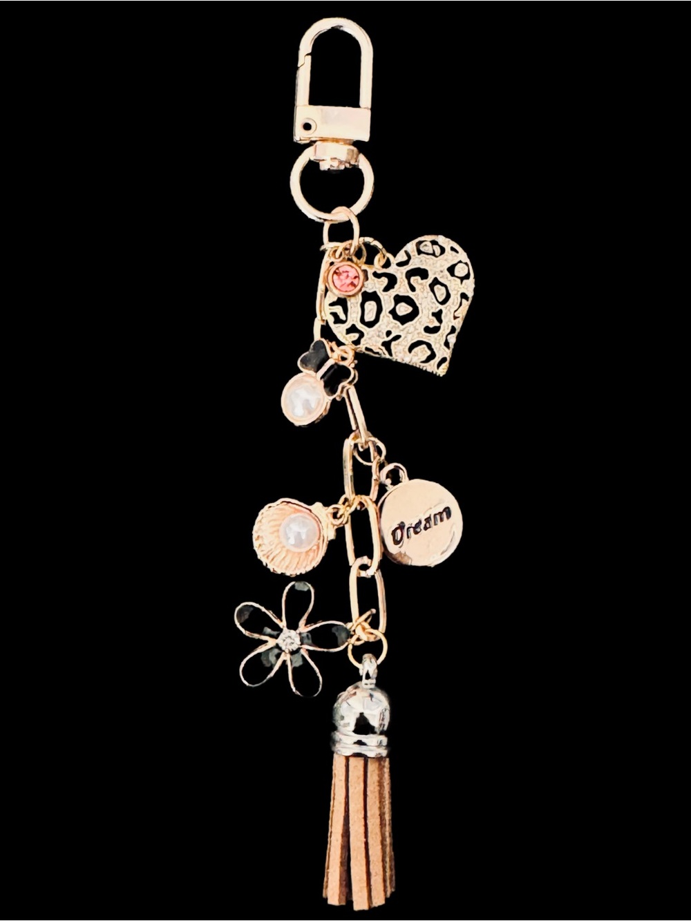 Bag Charm Tassel with Leopard Heart & Cream Tassel